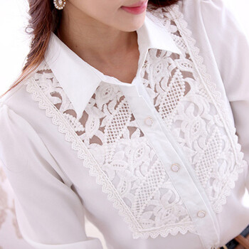 度莲  2015春装新款韩版大码女装长袖蕾丝拼接雪纺衫CY8629 白色 XXL