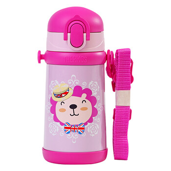 膳魔师THERMOS 儿童保温杯316不锈钢保冷杯二次弹盖设计小狮子粉色款便携肩带400ml