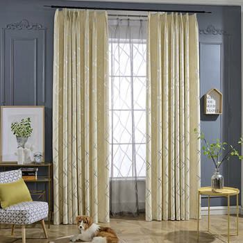 遮光布料成品卧室客厅落地简约现代中式美式乡村飘窗条纹窗帘 杏色
