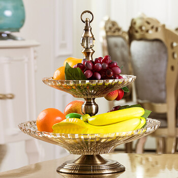 玻璃水果盘样板间客厅双层茶几果篓果斗摆件 新款吊环双层果盘【图片