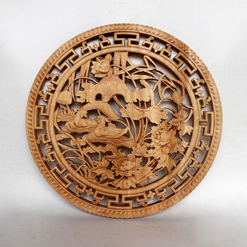 罗诗玛诺 东阳香樟木雕圆形挂件客厅玄关壁挂中式家居仿古工艺饰品