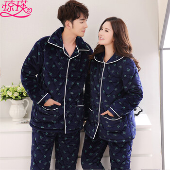 琼瑛睡衣女秋冬加厚三层夹棉加绒男女式情侣家居服套装仙人藏蓝男款单套l 图片价格品牌报价 京东
