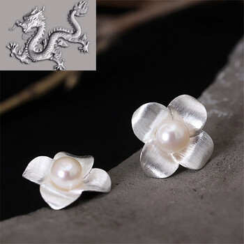 925银丁香花耳钉女珍珠拉丝韩版耳饰