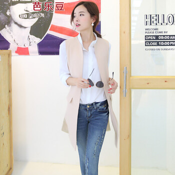 芭乐豆2015韩国代购新款春秋装无袖西装 女中长款马甲背心 时尚外套 潮 米色 M