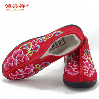 鸿兴祥老北京布鞋女棉鞋冬季保暖加绒女鞋中老年妈妈鞋软底防滑红色绣花奶奶鞋 1786女红棉 37标准尺码