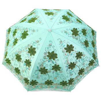 天堂伞 彩蕊叠翠黑胶双层纱绣二折晴雨伞23022E橄绿色