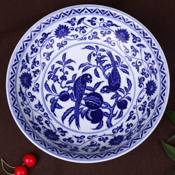 盘手绘大盘贡盘客厅摆件手工陶瓷果盘景德镇家用放置 青花鹦鹉果盘