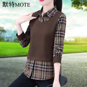 默特（MOTE） 衬衫女士假两件打底衫春秋装新款韩范时尚洋气百搭衬衣洋气上衣 咖色 L