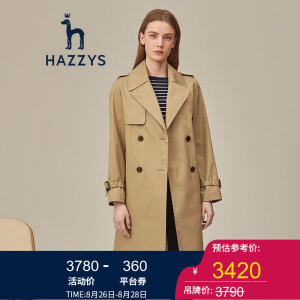 【商场同款】哈吉斯HAZZYS 2020秋季风衣女英伦都市时尚风衣外套ASWSH00CH08 米色B