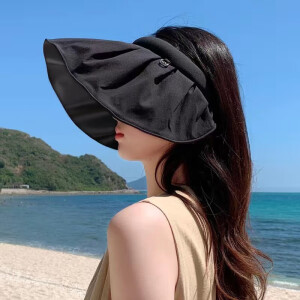 防晒帽防紫外线UPF50+可折叠防晒大檐太阳帽沙滩帽女全脸遮阳帽 黑色