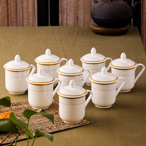 乐享 陶瓷泡茶杯办公室水杯会议杯带盖陶瓷杯具套装 水滴杯 8只