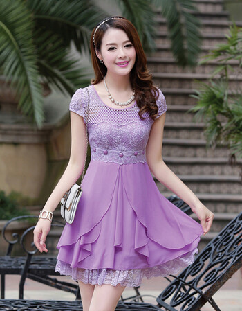 伊茹怡雅 夏装女装韩版修身显瘦淑女蕾丝雪纺短袖连衣裙ys88858 紫色