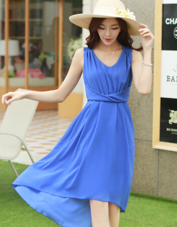 牡丹2014新款修身不规则波西米亚连衣裙 燕尾裙v领雪纺长裙女 宝蓝色