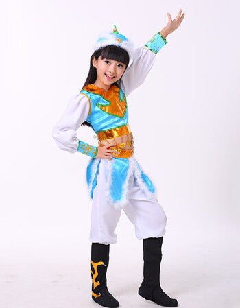 蒙古服筷子舞蹈演出服少儿民族表演服蒙族骑马舞舞蹈服装2019 蓝色