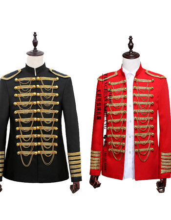 男士欧州军礼服表演服影楼男装主持夜店dj黑色镶金宫廷演出服 红色 s