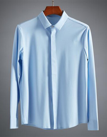 正装丝滑冰丝弹力无缝压胶商务休闲免烫衬衫男士长袖衬衣浅天蓝m170