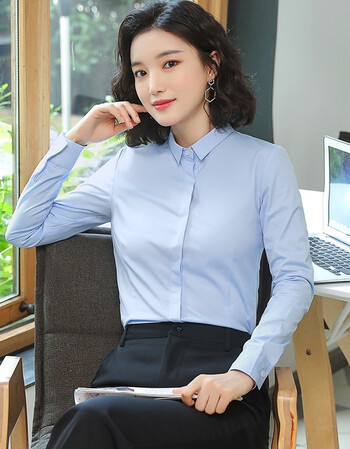 景琳白衬衫女长袖职业春秋款上衣外穿气质正装工作服工装衬衣百搭蓝色