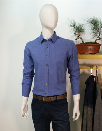 【2019春尚新】商务休闲方领男士衬衫春秋蓝色棉百搭不挑人男长袖衬衫