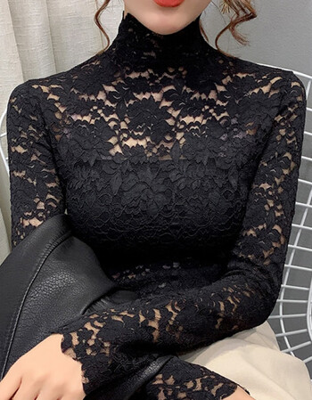 打底衫女四季洋气高领网纱紧身蕾丝衫半高领背心性感上衣玫瑰黑色2xl