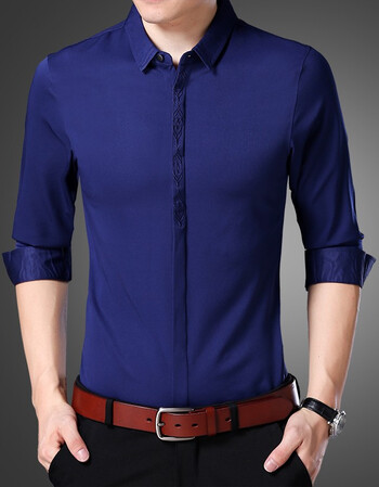 春季衬衫男长袖商务休闲中青年修身潮流薄款长袖衬衣男 2700蓝色 165