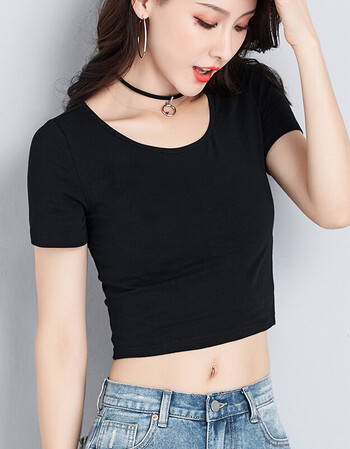 露脐短袖女夏短款t恤漏肚脐紧身高腰上衣半袖打底衫短装体恤 黑色 s