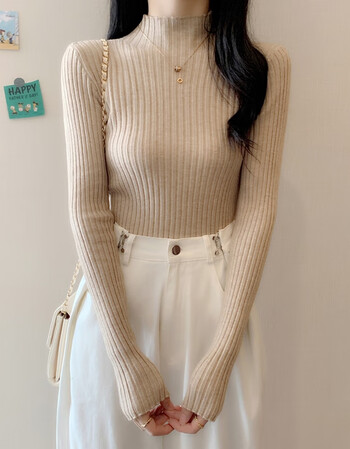 修身长袖上衣洋气秋冬内搭中领毛衣针织衫浅卡其色均码高弹力70125斤