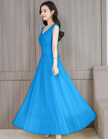 雪纺大摆连衣裙女装2019夏季气质修身拖地长裙女长款沙滩裙 天蓝色 m