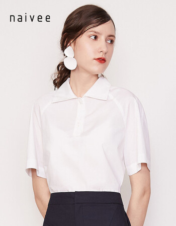 naivee/纳薇2018秋冬新款平领插肩袖清爽短袖套头白衬衫【商场同款】