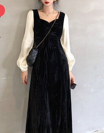 女生高个子连衣裙秋冬长袖裙子法式时尚金丝绒a字长裙收腰显瘦复古