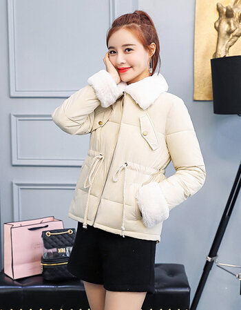 小棉袄女冬装新品学生韩版翻领可爱收腰显瘦短款棉衣棉服 米白色 m