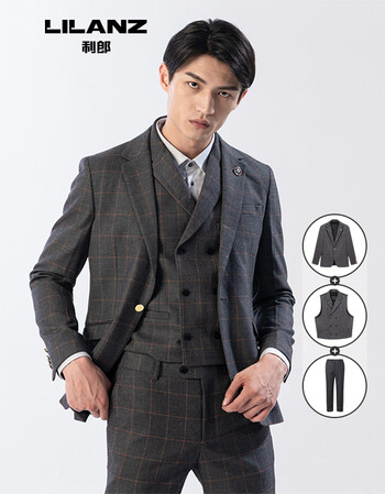 利郎男装西服套装三件套2020新款时尚格子新郎结婚西装 灰色(19QXF091SA) 175【图片 价格 品牌 报价】-京东