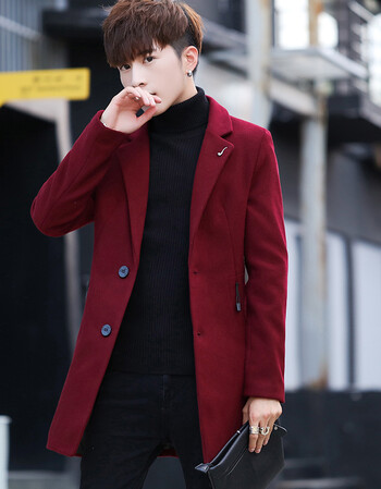羊毛呢大衣2018新款秋季风衣男中长款韩版男士呢子修身外套男 红色 m
