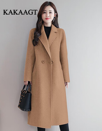 kakaagt品牌双面羊绒大衣女2020秋冬新款中长款修身西装纯色呢子大衣