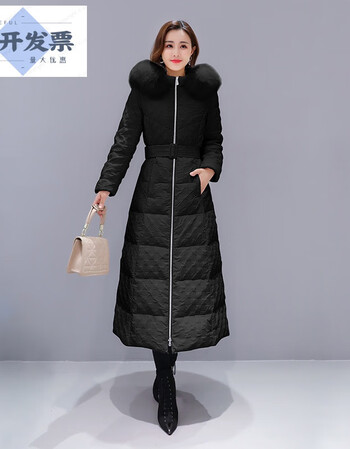 女士长款羽绒服过膝盖雨戎服连帽带冒子白色真大毛领裙摆白鸭绒冬天