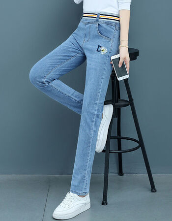 女装新款加绒单裤高腰牛仔裤女大码显瘦显高松紧腰弹力紧身小脚裤蓝色