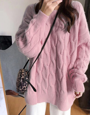 麻花衫打底衫女士甜美气质内搭女式减龄针织毛线衣学生上衣粉红色3xl