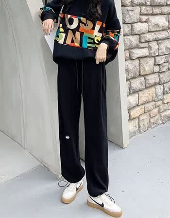 高品质卫裤女冬款加绒加厚卫裤女韩版宽松束脚灰色休闲裤子黑色常规