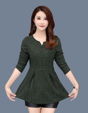 春装新款女式中长款打底衫春秋季裙摆小衫收腰妈妈洋气秋天上衣服绿色