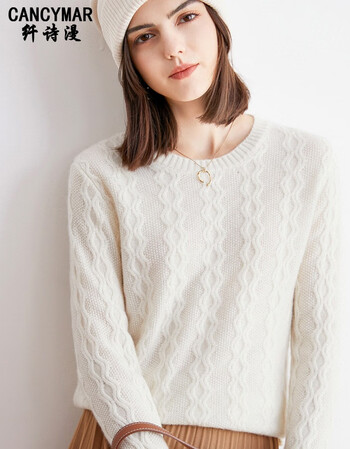 加厚圆领纯山羊绒衫女2021冬季新款宽松套头提花短款针织衫毛衣白色s