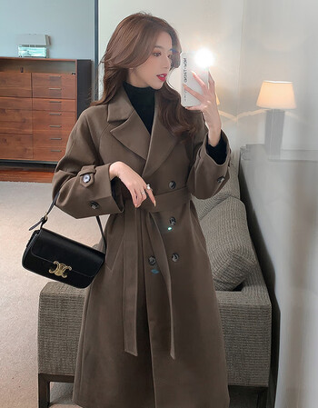 呢大衣外套韩版秋冬新款小个子温柔系气质流行女神大衣外套咖啡色均码