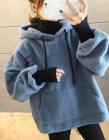 浪莎韩版卫衣女新款学院风加绒加厚羊羔绒学生连帽保暖上衣秋冬季女生