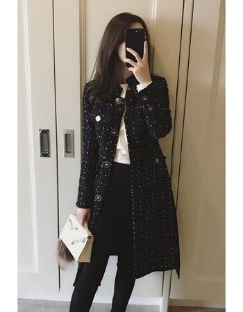 2018秋冬季新款韩版名媛小香风中长款粗花呢子大衣女修身毛呢外套