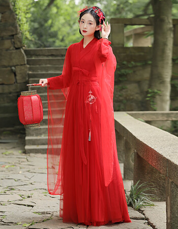 古装女汉服2022新品飘逸古风简约年会节日演出古典舞蹈连衣裙红色xs