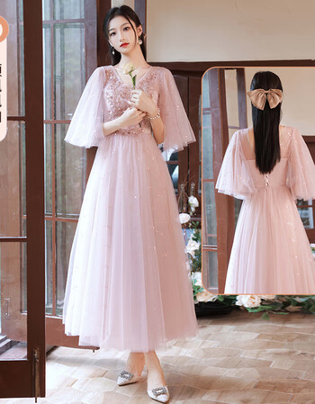 贞溪学生艺考礼服粉色伴娘服女2021新款冬季长款显瘦气质连衣裙闺蜜