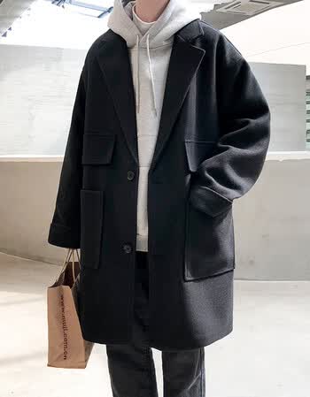 朋心2020冬季中长款宽松毛呢大衣外套呢子大衣潮风衣男黑色l