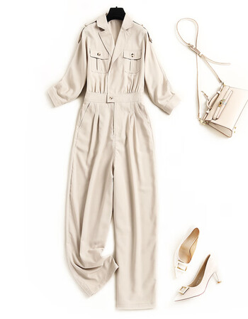 lvenzse小香风连体裤女装2021新款秋装时尚气质高腰连衣裤女杏色xl