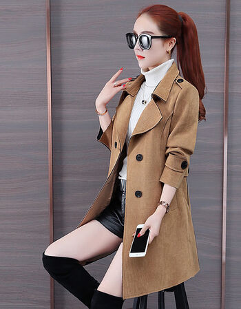 贤语仿鹿皮绒外套女秋季新款女装潮韩版百搭小个子收腰中长款风衣女