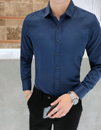 正装白衬衫韩版修身男士衬衣上班职业工装潮流男装夏冰妮深蓝色4xl