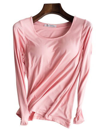 棉免文胸带胸垫无钢圈bra长袖t恤瑜伽睡衣内衣打底衫 黑色 l(莫代尔)