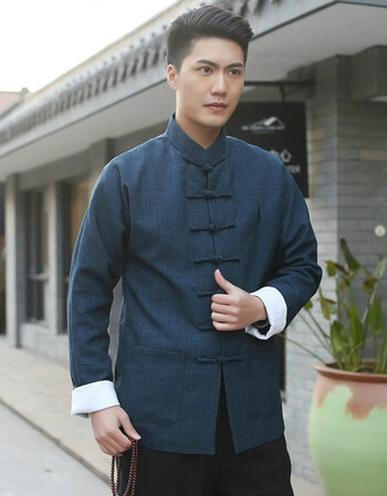 风传统服装青年唐装男士长袖外套复古修身改良汉服中山装茶服中式男装